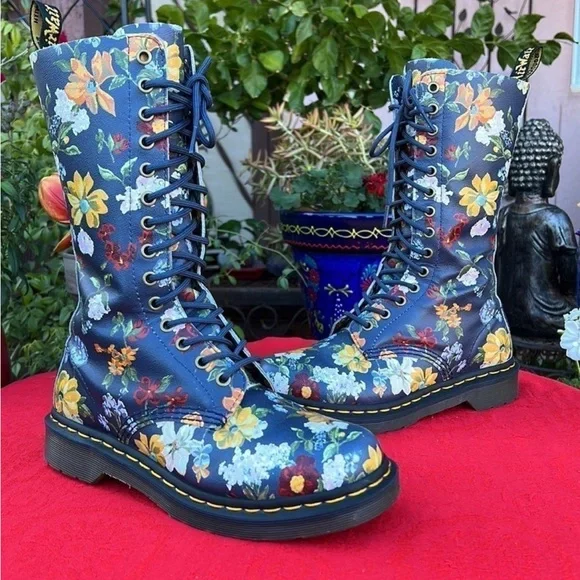 Dr. Martens Slate Gray Blue Floral Tall 14 Eye Lace Up Darcy Boots - Picture 2 of 11